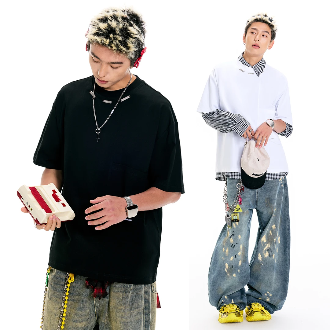 V37黑色短袖t恤男2025新款青少年夏季穿搭宽松休闲女生五分袖体恤