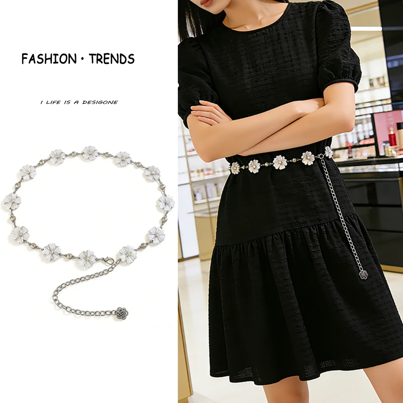 欧美高级感花朵腰链配饰女士时尚百搭金属水钻链条装饰连衣裙腰带