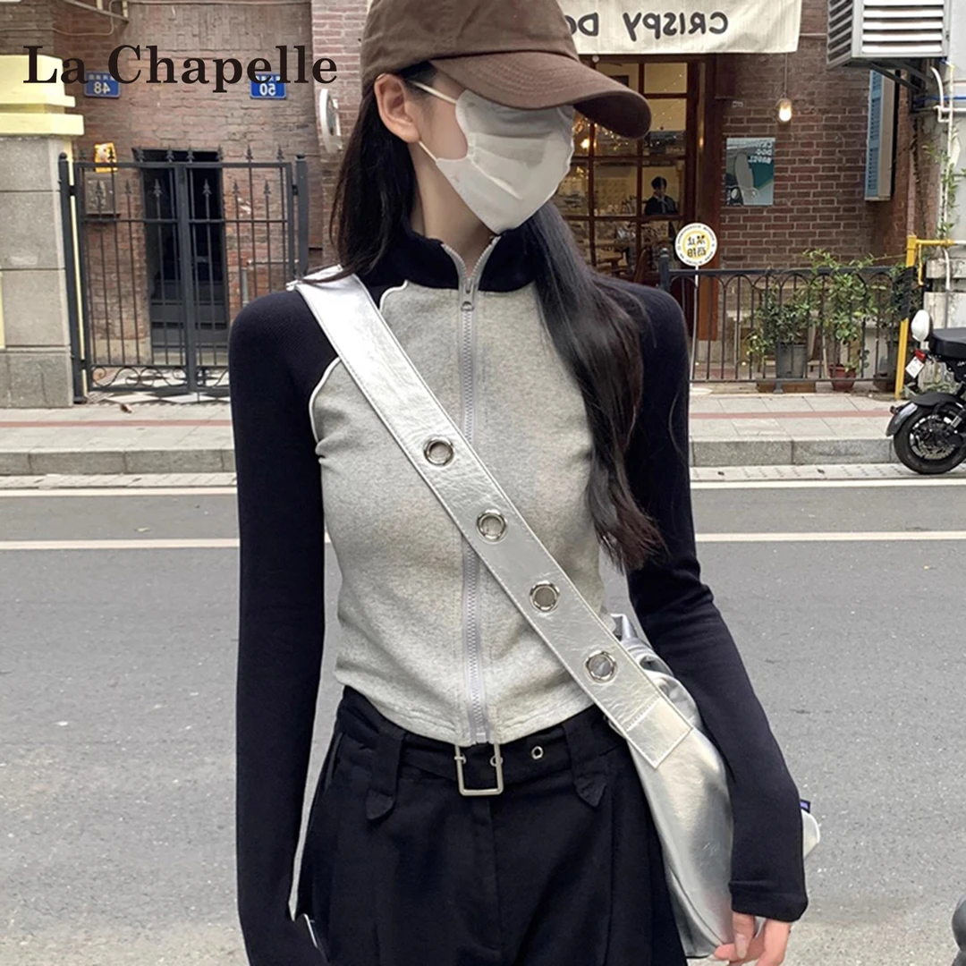 拉夏贝尔灰色立领插肩长袖t恤女2025早秋季新款修身显瘦撞色上衣