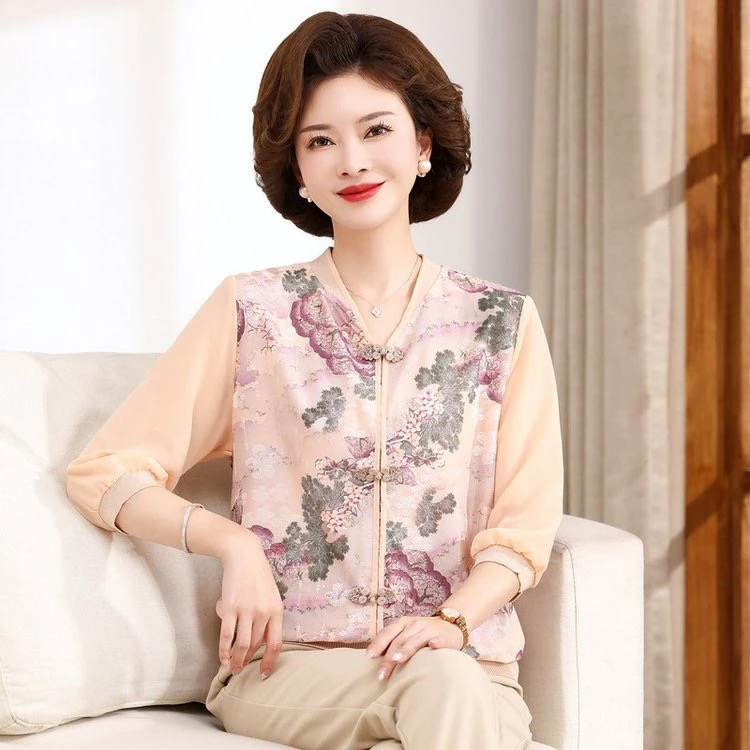 初夏新款中老年妈妈装夏季新款时尚薄款宽松碎花气质小衫2426