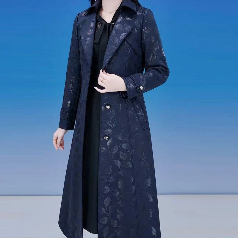 高质量藏蓝色提花阔太太风衣大码遮肉系带防风外套2025秋季新