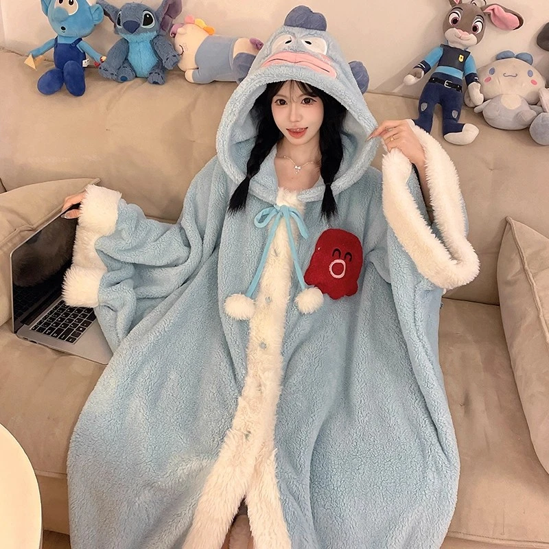 连帽睡衣女士冬季珊瑚绒法兰绒卡通小丑鱼斗篷睡袍家居服套装冬天