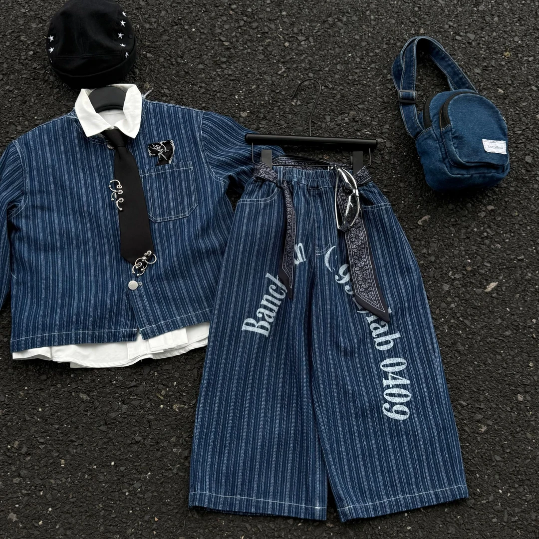 半川0811春季新款儿童宽松中大童时尚韩版潮流牛仔套装二件套