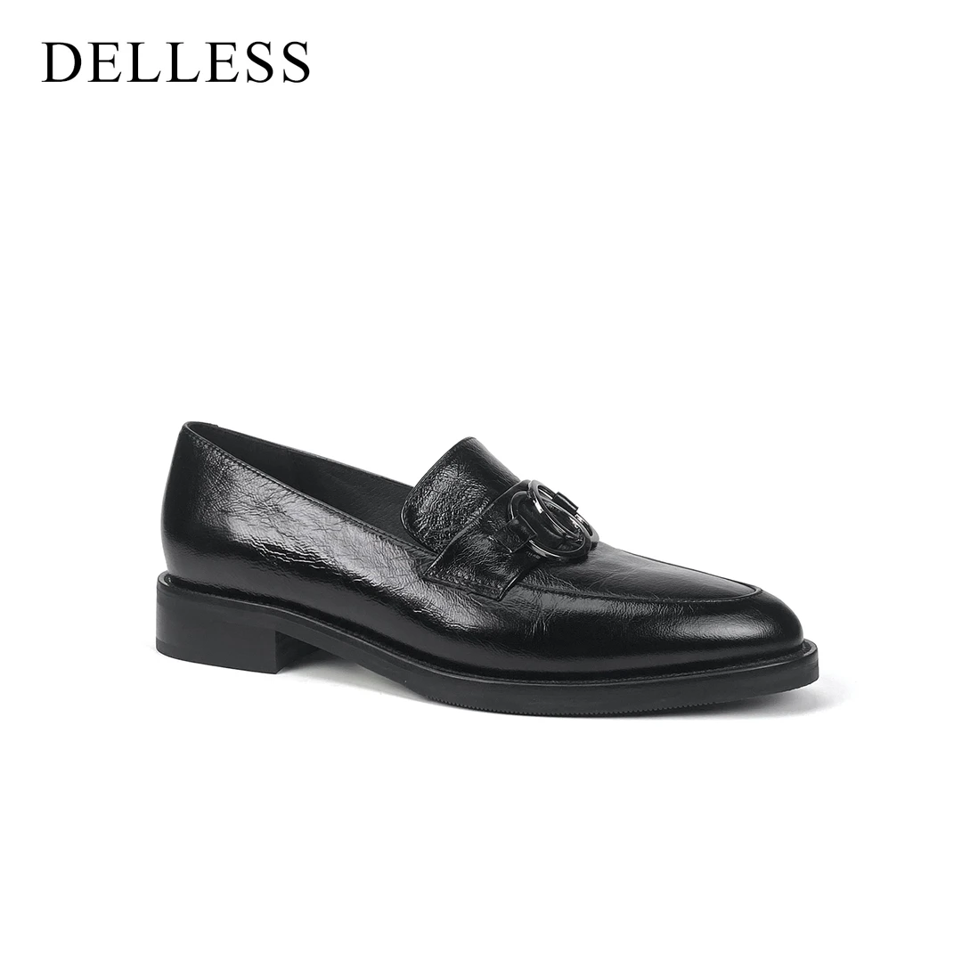 【DELLESS】2026春季新款黑色平底单鞋女士一脚蹬乐福鞋气质小皮鞋