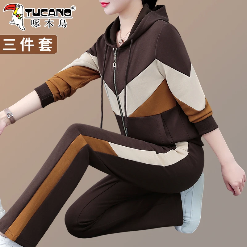 啄木鸟运动套装女2025新款春秋卫衣中年妈妈宽松休闲显瘦两件套