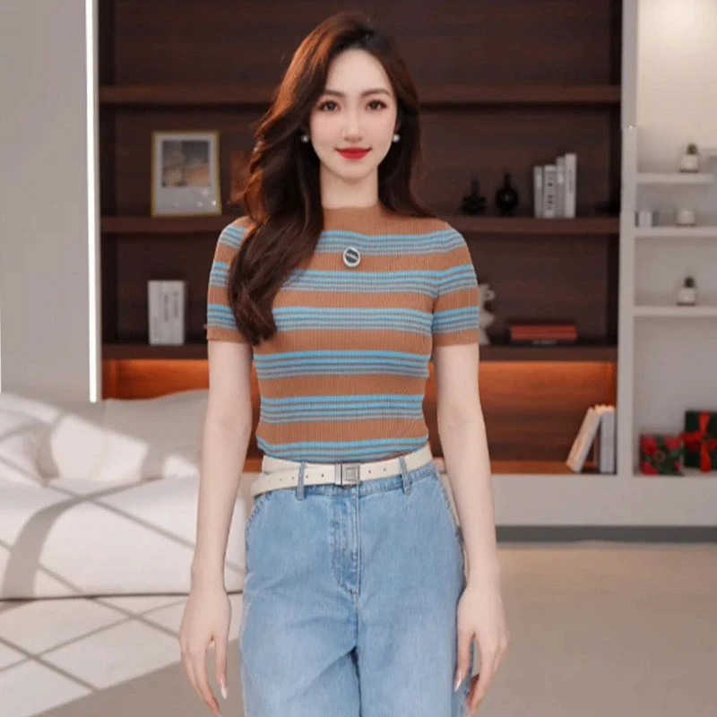 【商场同款】条纹T恤圆领修身显瘦时尚短款冰丝针织衫上衣538047