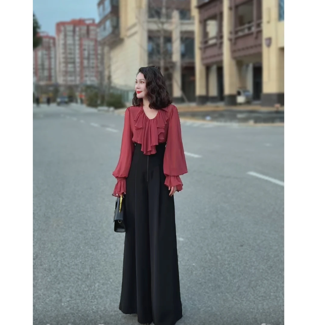 薇儿娜原创春季新西装醋酸阔腿裤高腰宽松垂坠感直筒拖地长裤黑色