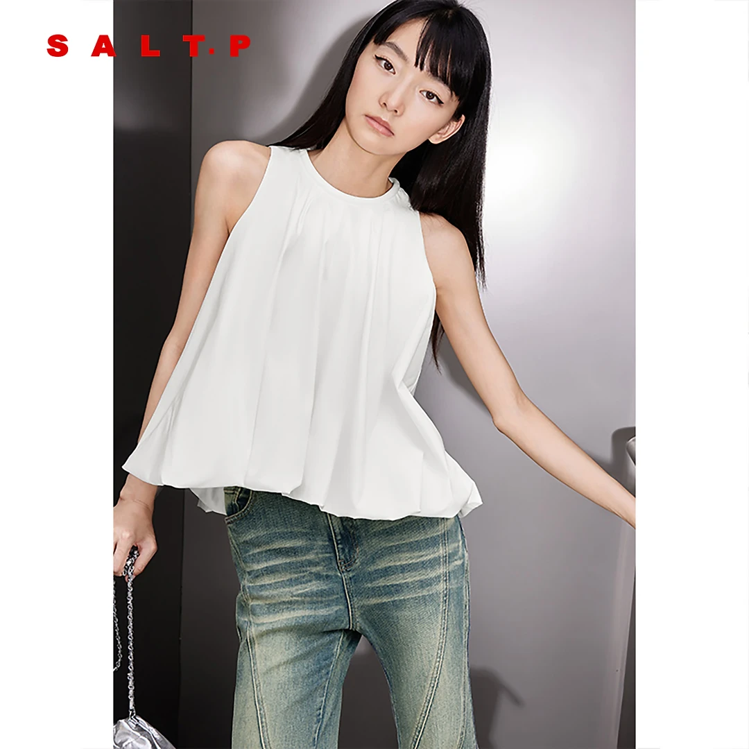 SALT.P可颜千金风花苞醋酸无袖上衣女挂脖背心2025夏季新款