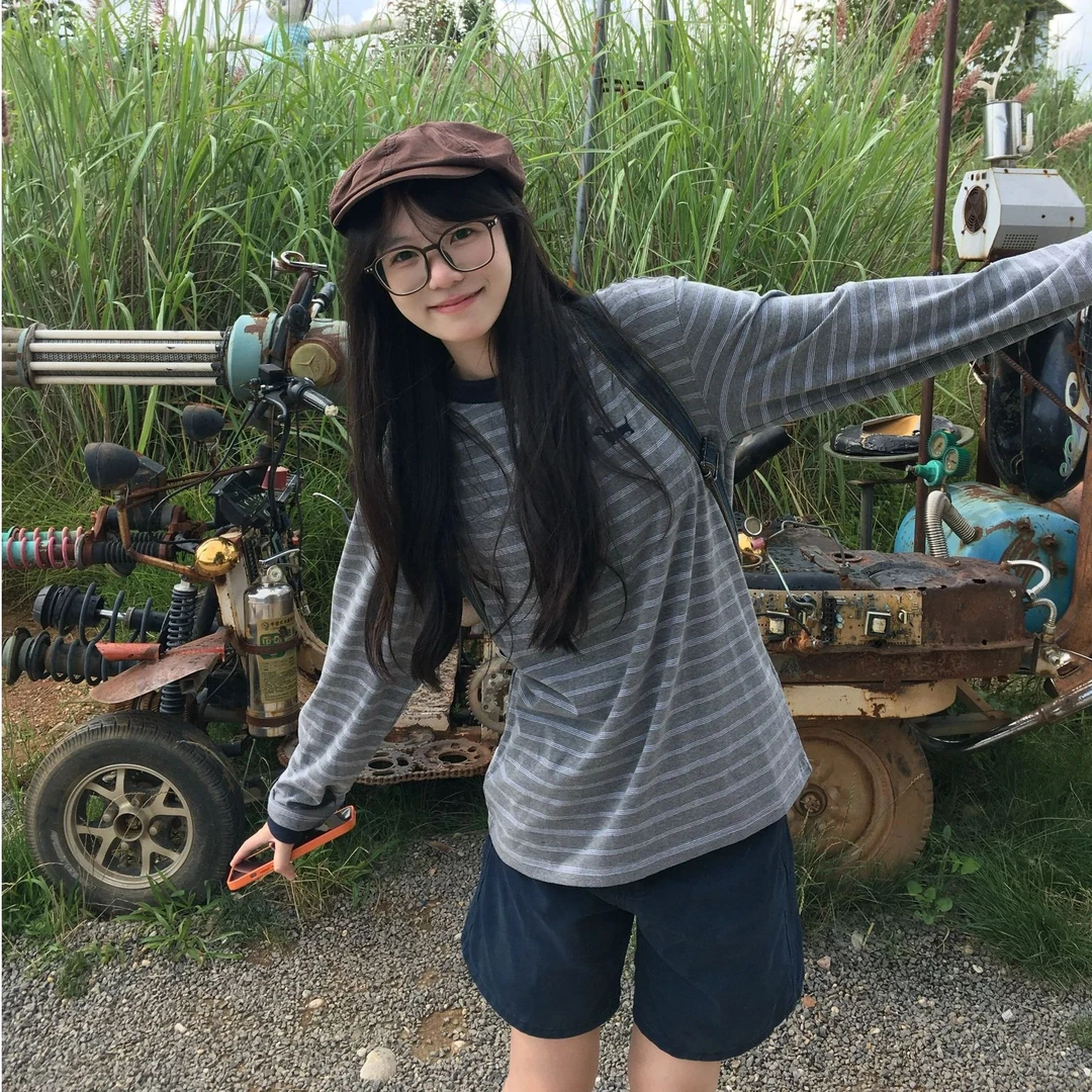 美式高街灰色亨利领条纹长袖T恤女秋季高街宽松慵懒风显瘦上衣潮