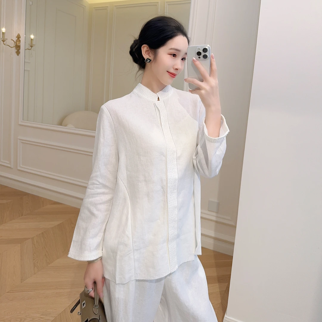 嫚渡100%亚麻|文艺松弛感重工钉珠拼接长袖白色宽松亚麻衬衫