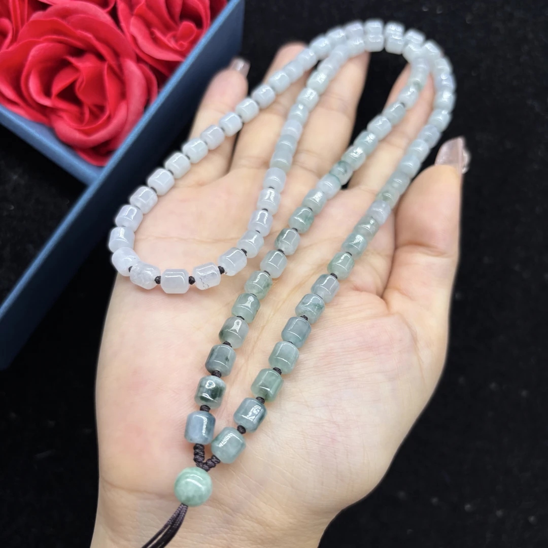 保真天然缅甸翡翠A货老坑冰飘花桶珠6mm玉石挂坠绳项链毛衣链珠链