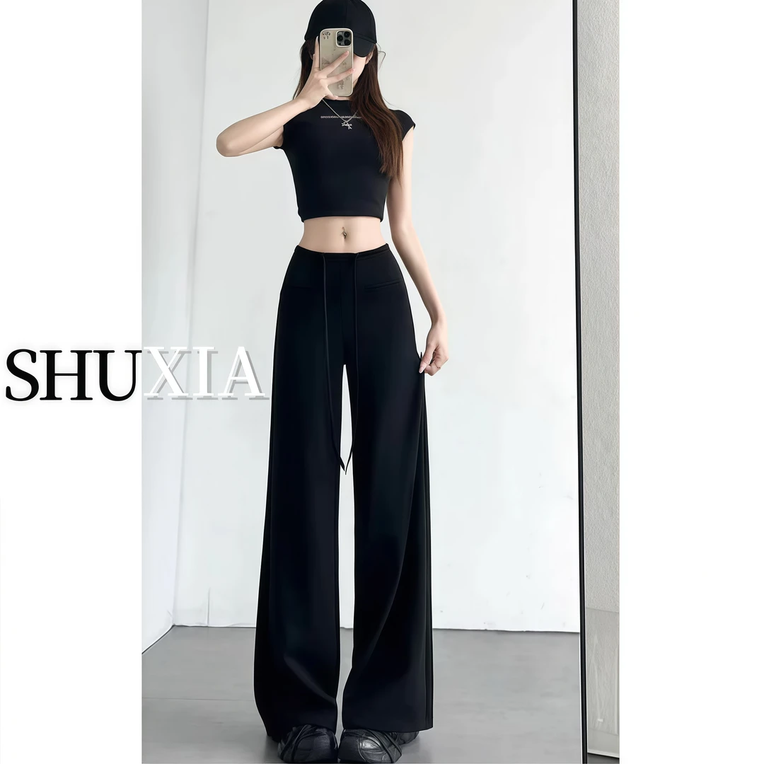 夏季大码胖MM宽松直筒高腰透气舒适遮肉显瘦百搭抽绳时尚休闲裤A