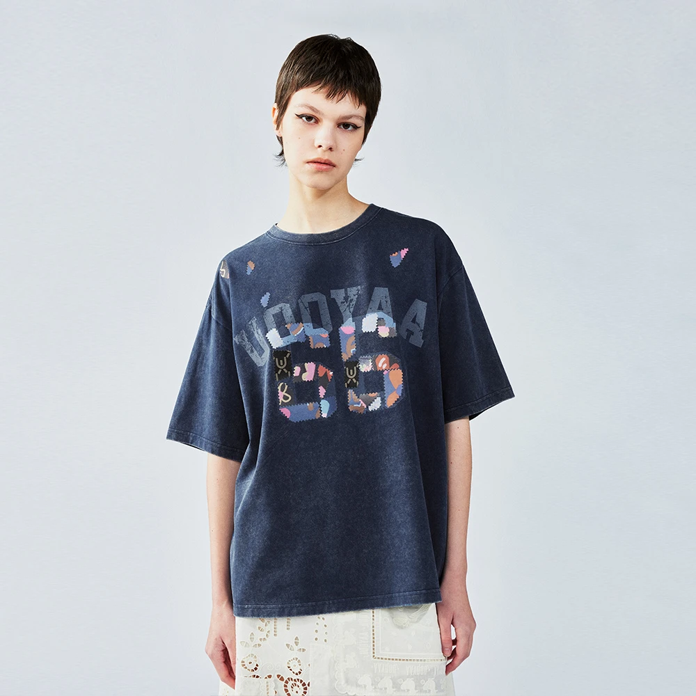 UOOYAA/乌丫2025夏季新款「更自由」碎花布学院T恤4156