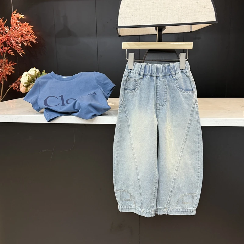 leomama【腿型神器】女童夏季牛仔裤百搭阔腿弯刀裤休闲宽松九分裤