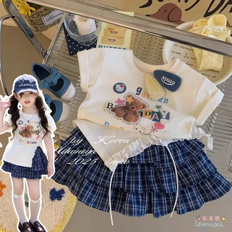 女童短袖蛋糕裙套装2025夏季女宝洋气时髦开叉T恤裙格子半身裙潮9