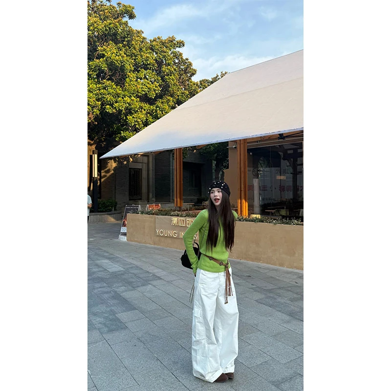 韩系秋冬度假风时尚洋气休闲百搭长袖上衣高腰垂感白色直筒裤长裤