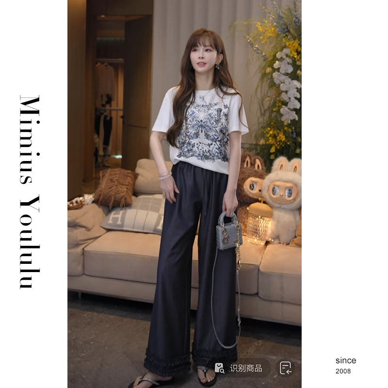 【mimius】婷婷 复古老钱感原色宽松高腰直筒长裤（松紧腰） G04474