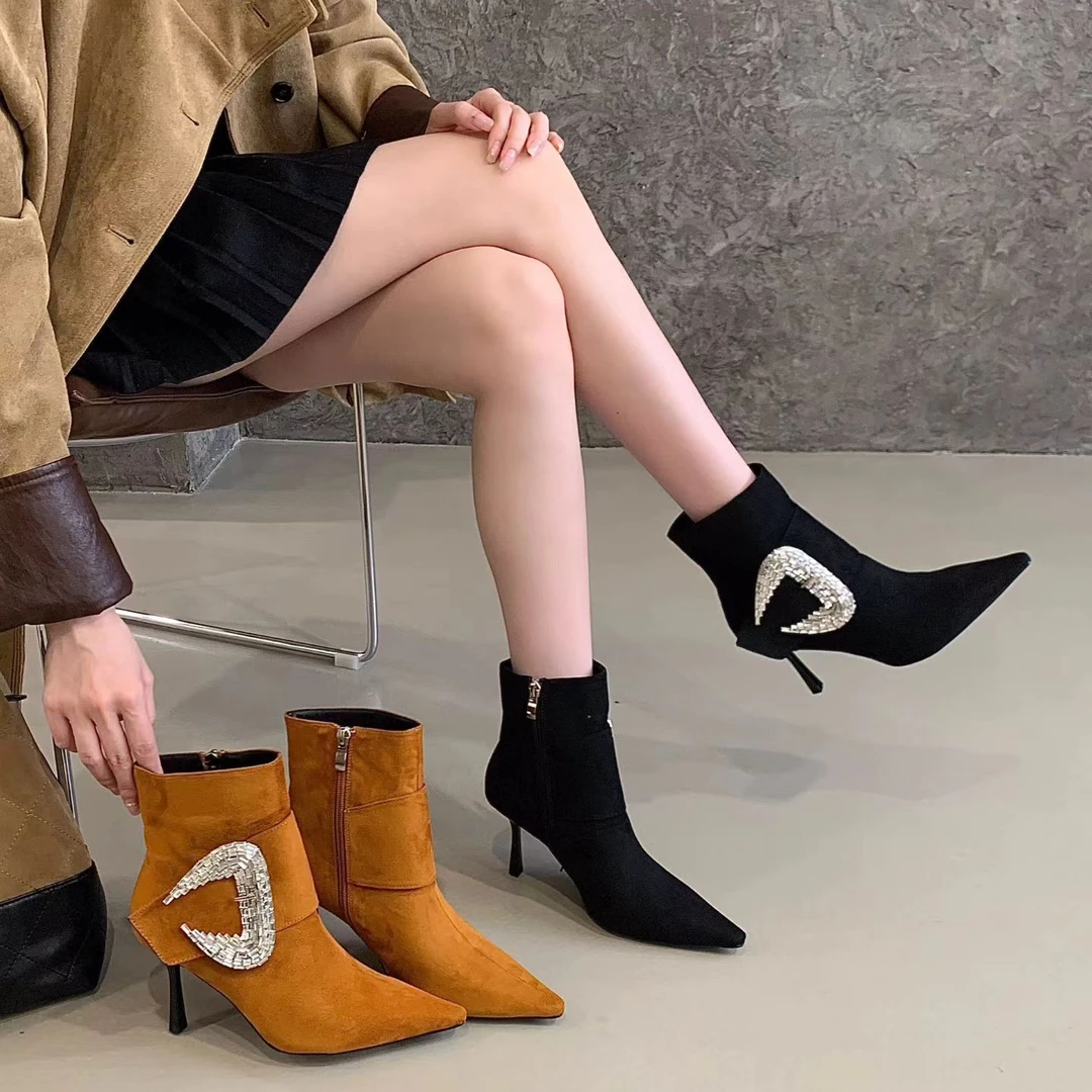 法式水钻性感高跟时装靴女尖头侧拉链漆皮短靴御姐范欧美瘦瘦短靴