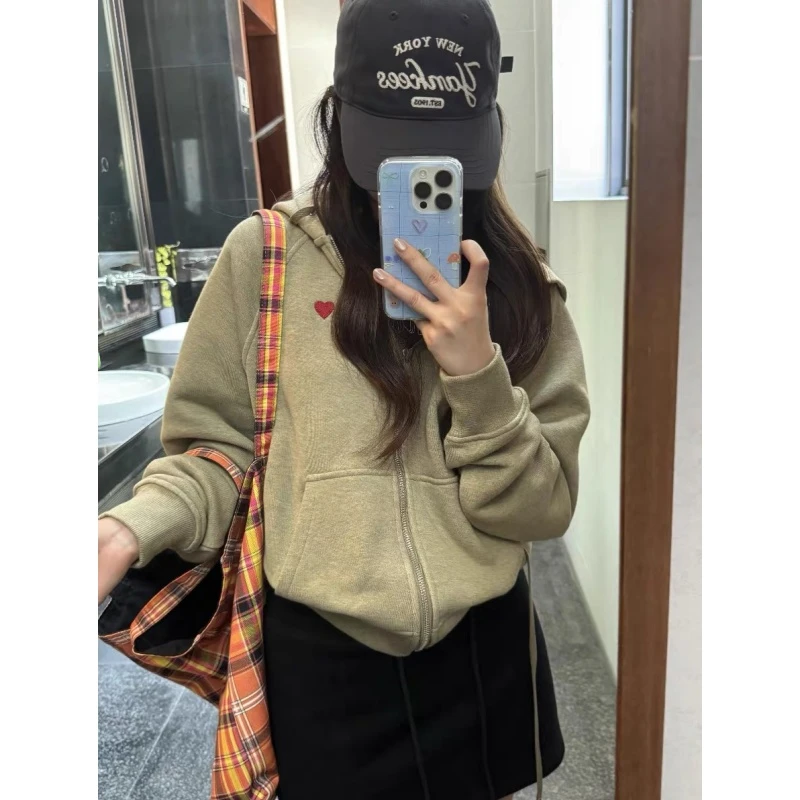 刺绣连帽开衫外套卫衣女春秋季宽松休闲懒惰风设计感长袖外搭上衣