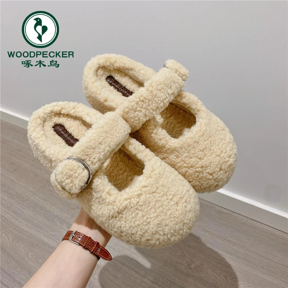 啄木鸟包头毛毛鞋女外穿2025冬新款保暖加绒懒人厚底半拖棉拖鞋女