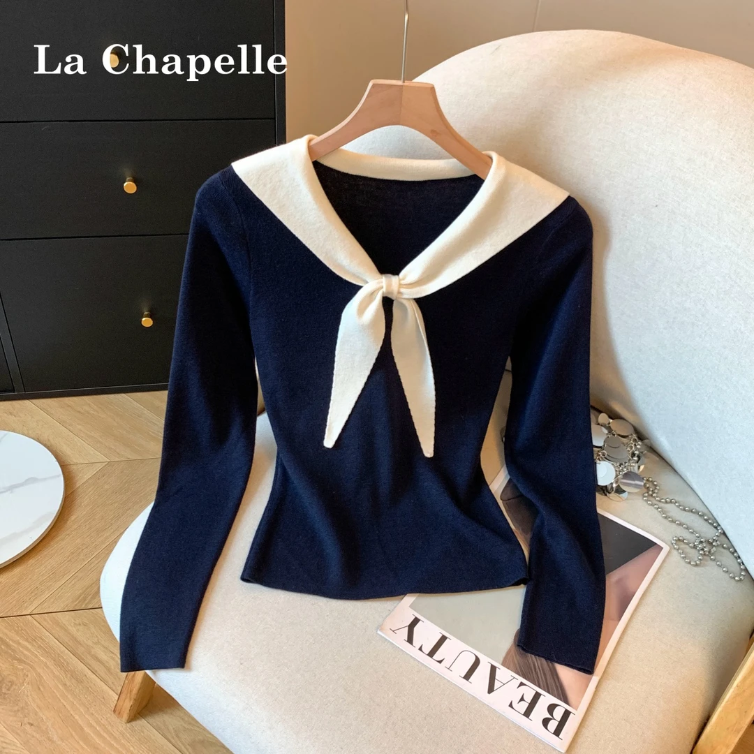拉夏贝尔韩版撞色设计针织衫女减龄蝴蝶结修身显瘦秋冬打底衫上衣