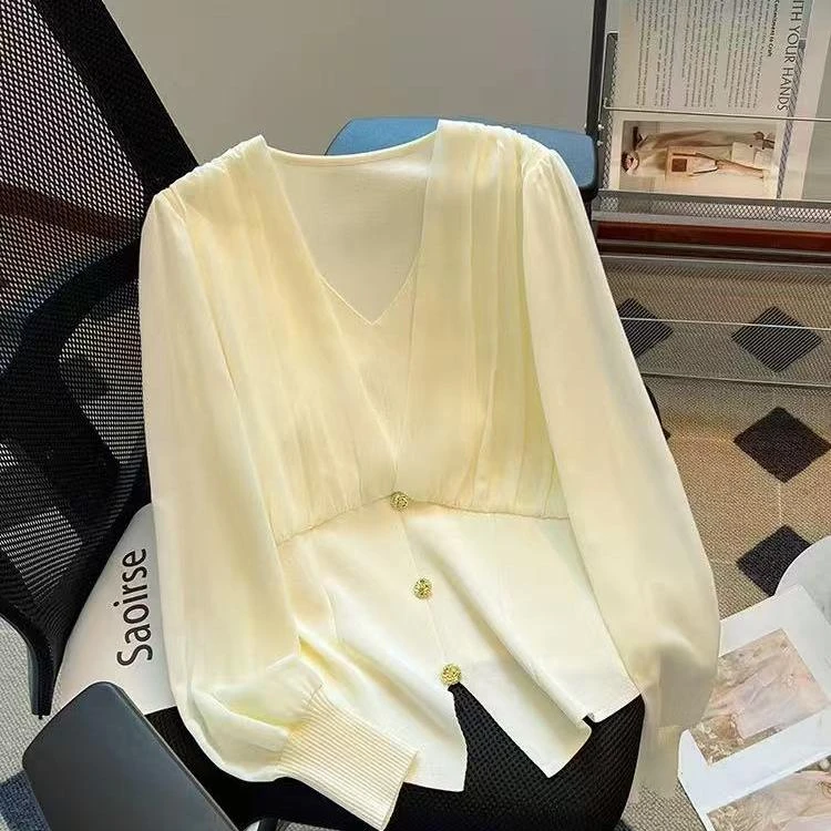 小香风高级感雪纺网纱拼接V领打底衫针织衫女春装上衣5001