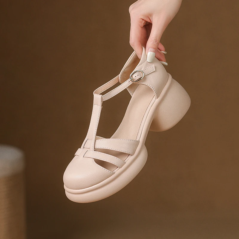 百搭玛丽珍6.5CM时尚舒适高跟女鞋夏季包头厚底粗跟丁字带凉鞋