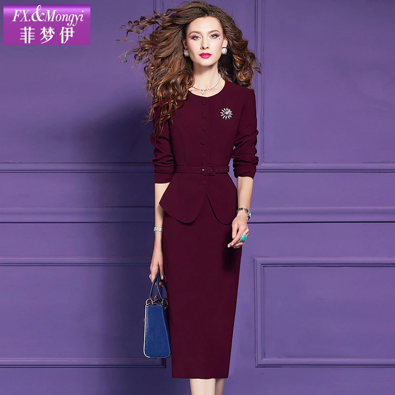 菲梦伊职业套装女春季新款荷叶边高端气质上衣包臀半身裙62389