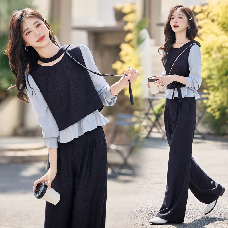 套装显瘦气质洋气时尚减龄女装收腰上衣2025遮肚子拼接阔腿裤子