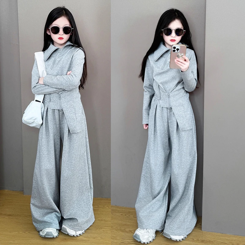 女童2025新款中大童韩系时尚春秋季休闲拉链设计宽松阔腿裤套装潮