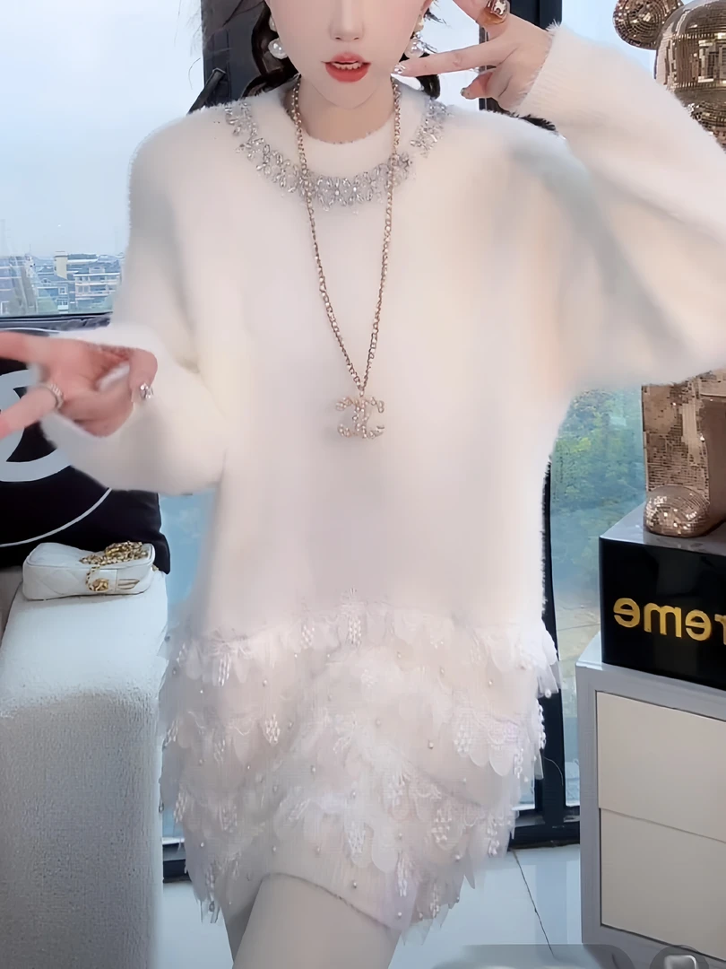 时尚镶钻设计感气质中长款毛衣女2025冬季新款百搭显瘦针织衫上衣