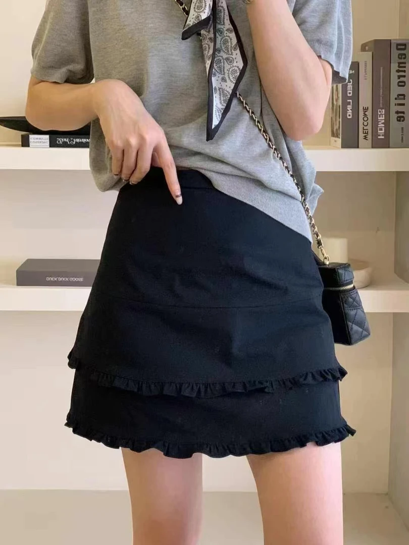 【有内衬 安全裤】双层木耳边A字短裙夏季新款时尚百搭高腰遮肚显瘦