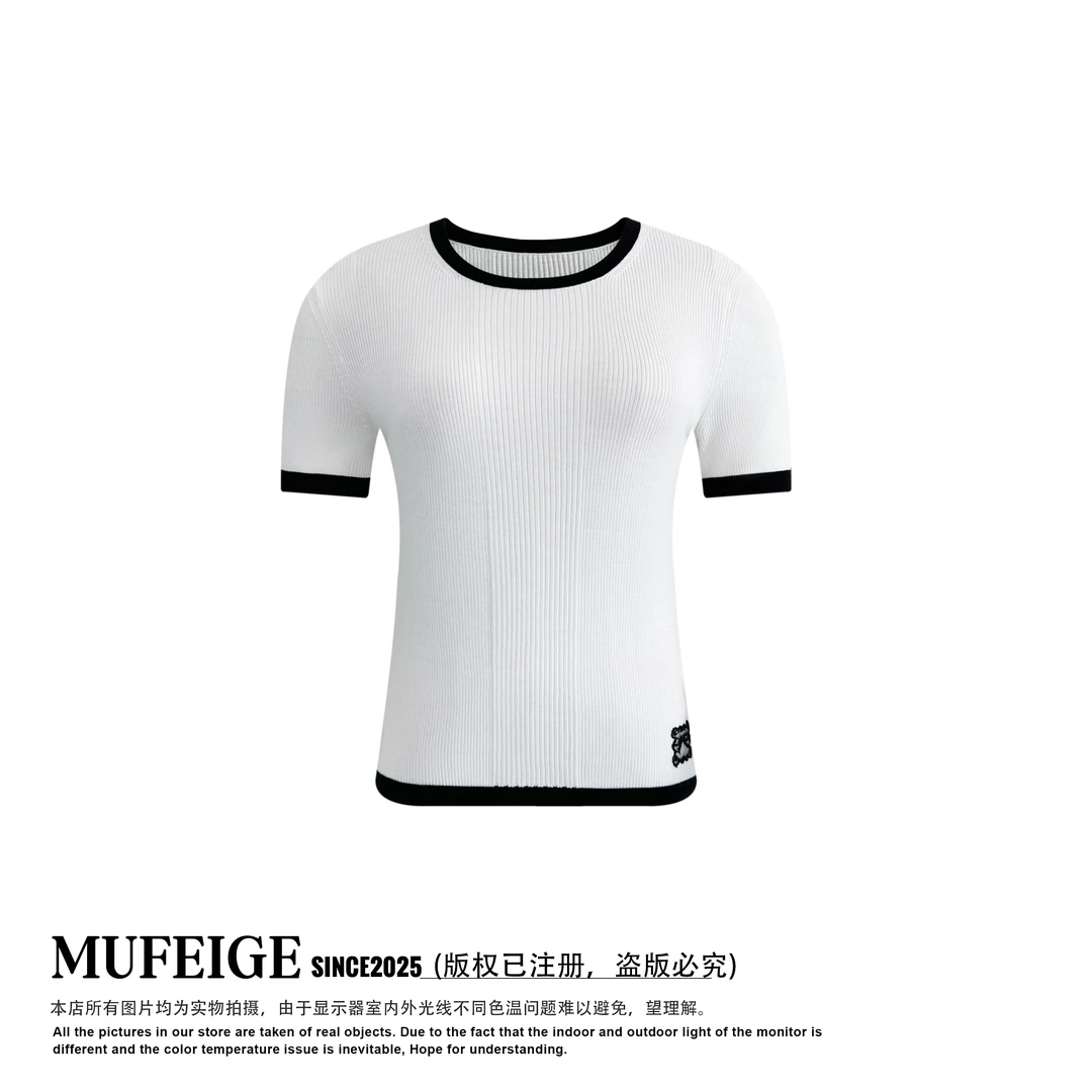 MUFEIGE 高弹圆领撞色刺绣装饰短袖针织衫-2237#