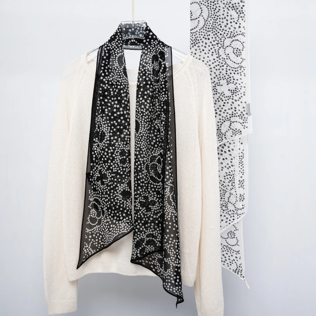 楊楊【山茶点点】桑蚕丝乔其女士丝巾围巾飘带巾30*130