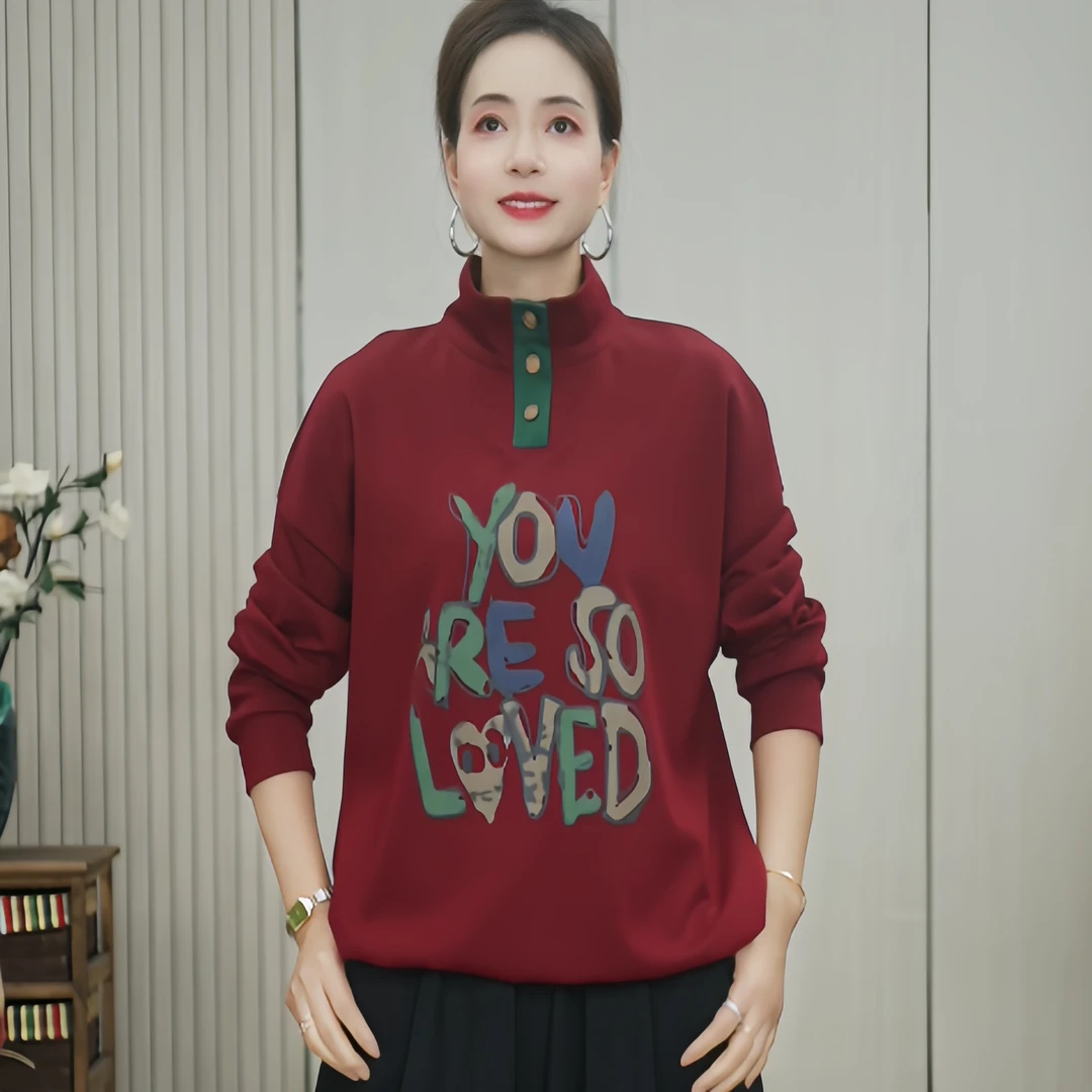 771新款春秋时尚休闲百搭立领卫衣小衫宽松显瘦印花长袖上衣女