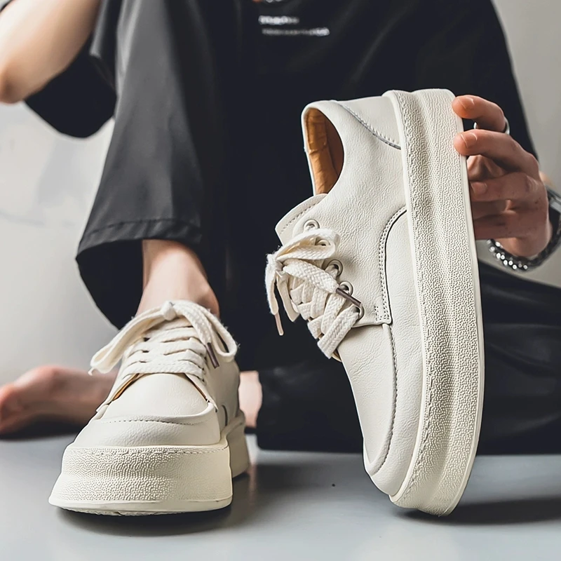 鞋子男2025春秋新款休闲鞋真皮透气百搭低帮板鞋男厚底潮流小白鞋