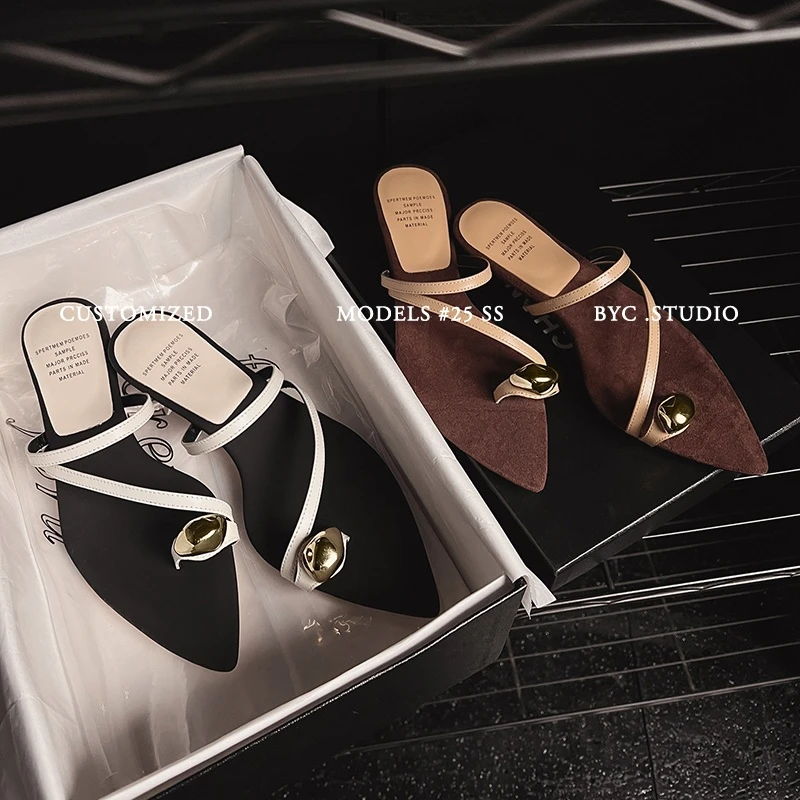 一字拖2025年夏季通勤细跟细带组合纯色