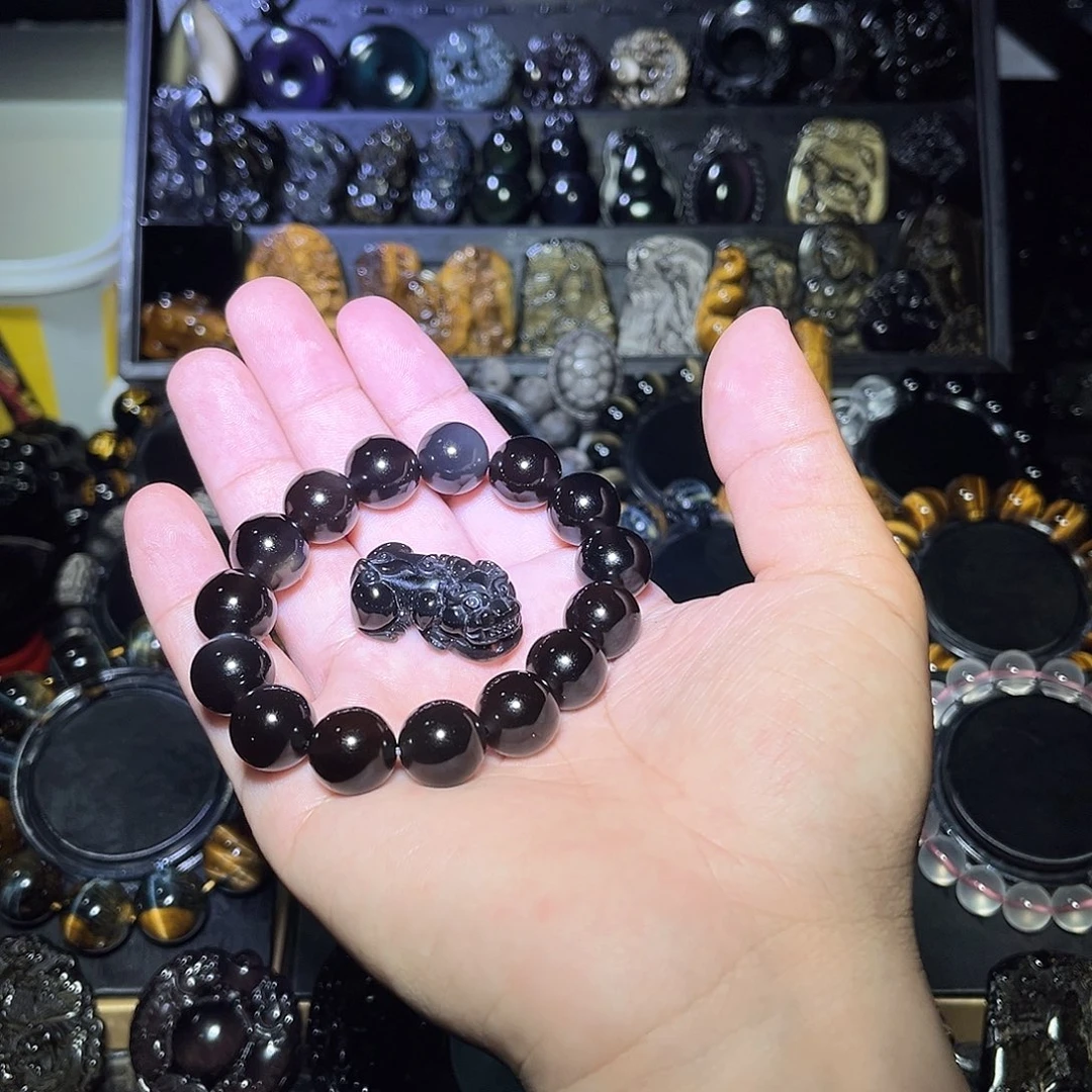 黑曜岩未镶嵌手链等***安天然7a级精品冰彩曜石14m加貔犰