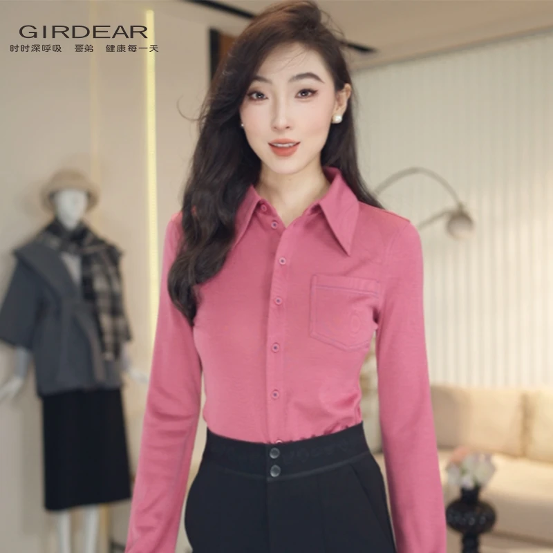 GIRDEAR/哥弟秋冬百搭气质通勤修身羊毛长袖衬衣1301044-4241755