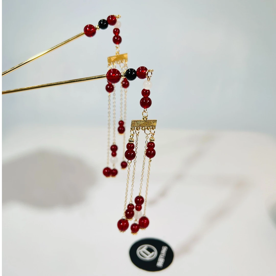 满江红，原创酒红色简约轻奢珠珠流苏步摇神棍发簪发钗（178）