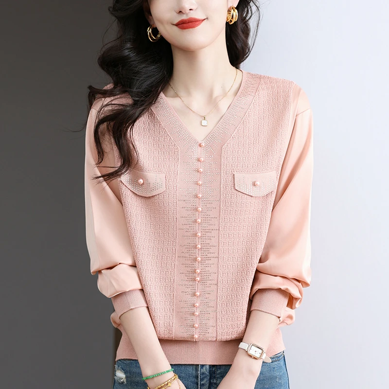 V领针织衫女春秋大码女装宽松显瘦遮肚子上衣洋气薄款拼接打底衫