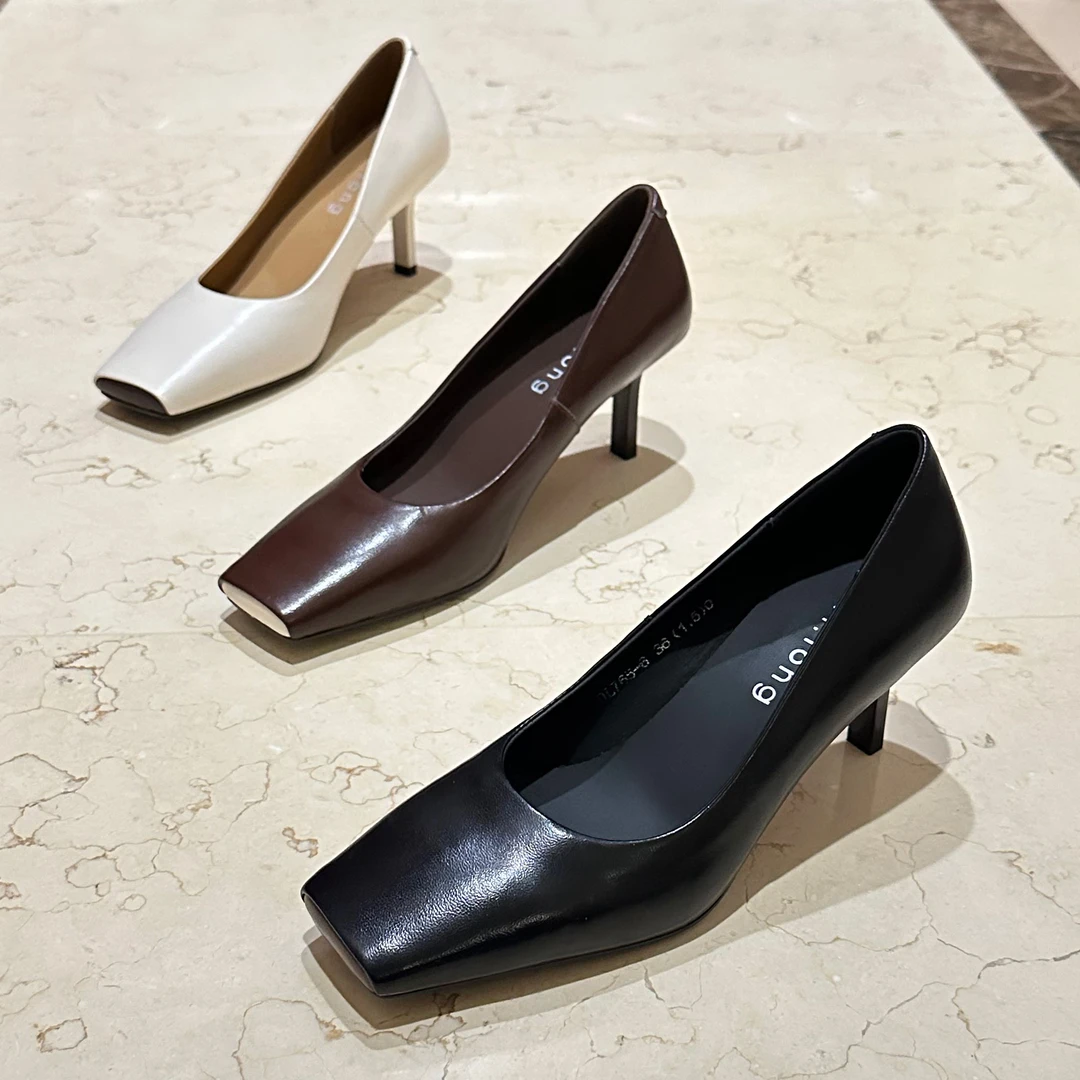 【映昔】25春秋新时尚浅口全羊皮方头细跟气质轻职风ol真皮女单鞋