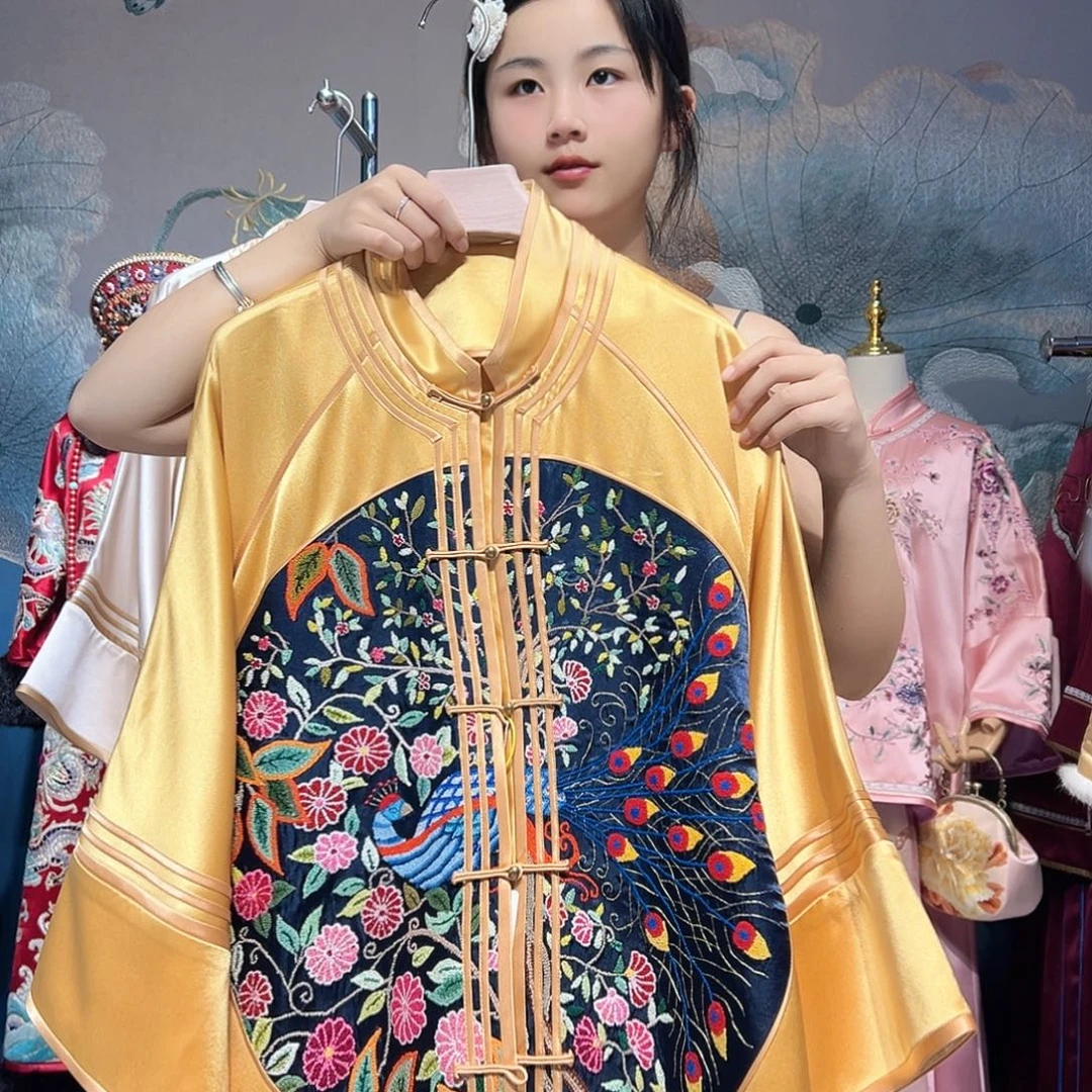 蚕丝老绣片立领中开上衣