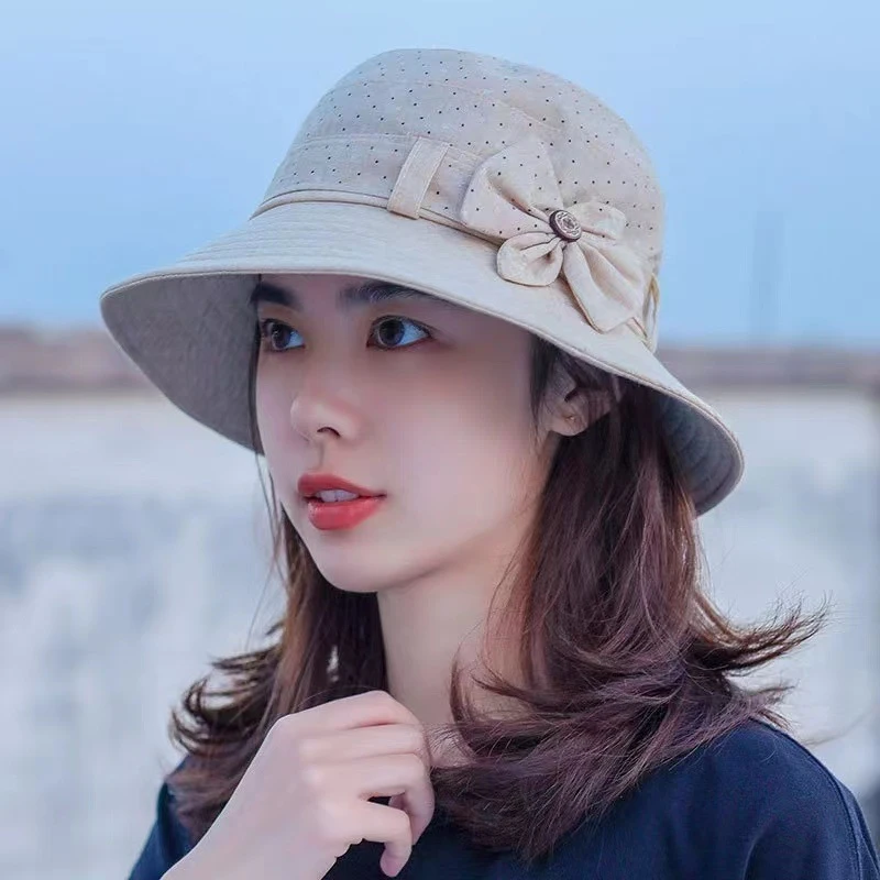 春夏季中老年人帽子女盆帽纽扣蝴蝶结渔夫帽妈妈帽百搭大檐遮阳帽
