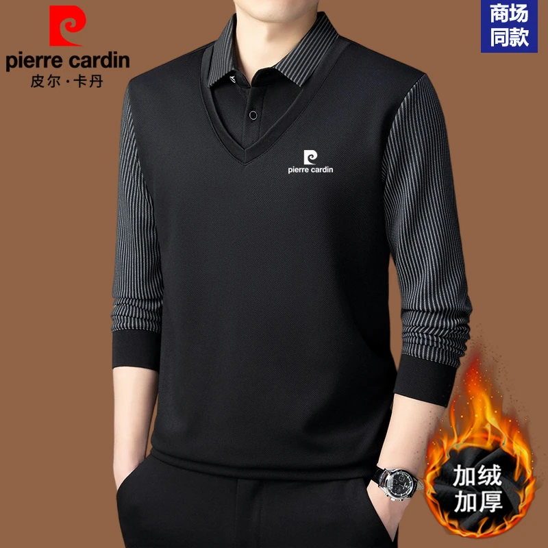 皮尔卡丹男士翻领假两件秋冬季加绒加厚时尚休闲中年长袖POLO衫