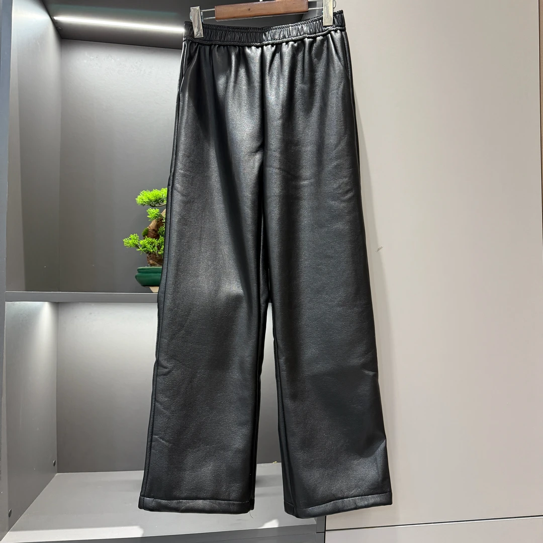 直筒裤秋季气质宽松阔腿裤加绒皮裤7351