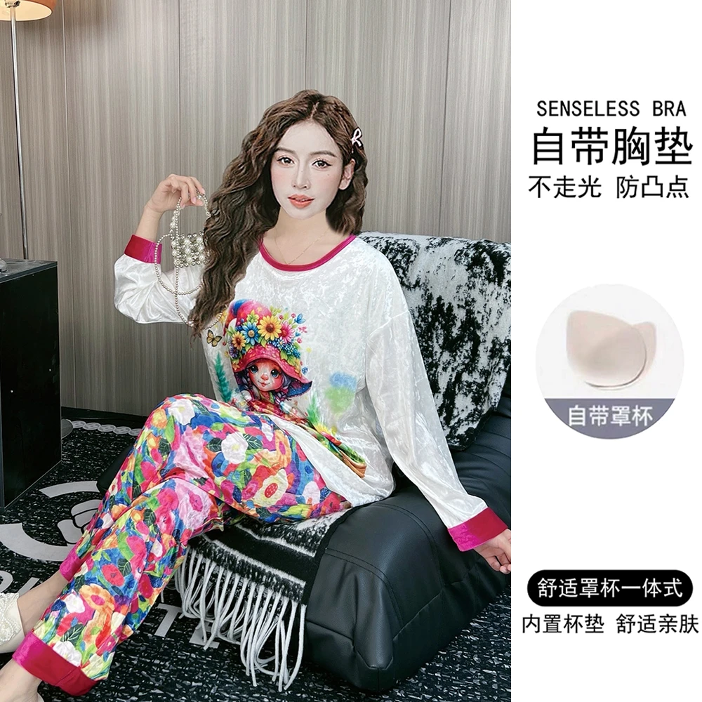 带胸垫2025年新款金丝绒睡衣女春秋季长袖可爱卡通秋冬家居服套装