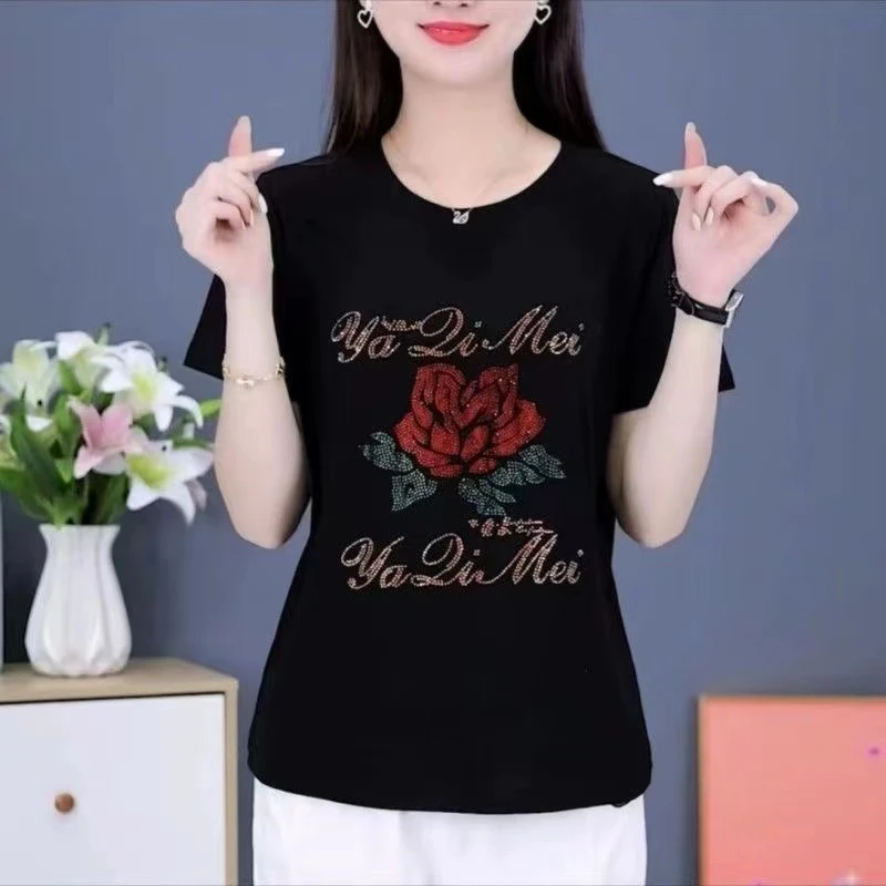 25年春夏新款时尚女装圆领半袖T恤时尚百搭打底衫女显瘦遮肚上衣