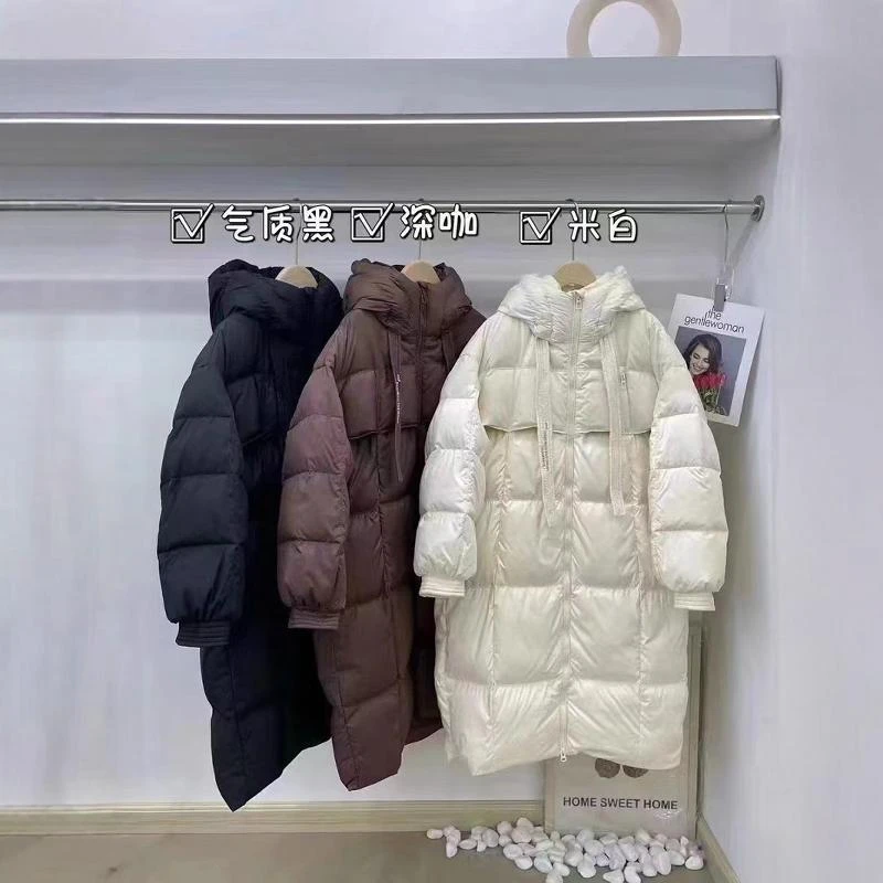 19994飘带刺绣设计长款加厚90白鸭绒大被子羽绒服保暖过膝长外套
