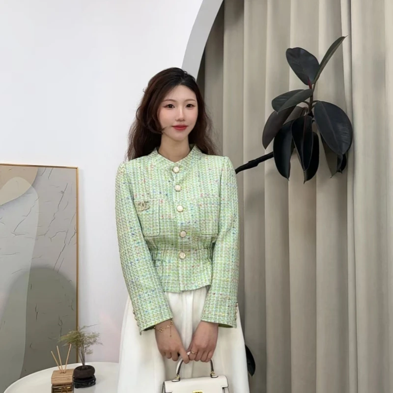 【绿烟】25新款春秋高级感绿色气质显白短外套女装收腰小香风长袖